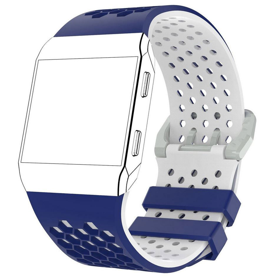 blue white fitbit ionic strap chrome buckle detail

