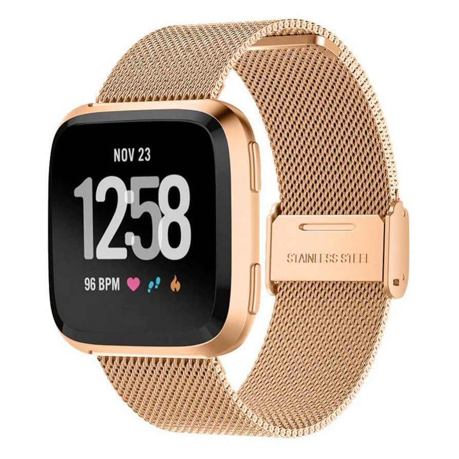 rose gold fitbit versa 2 steel strap closeup view
