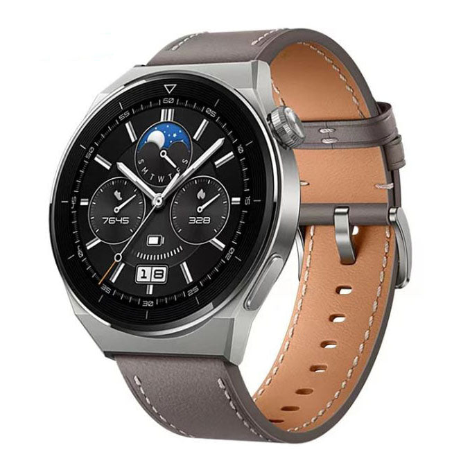 grey samsung galaxy watch 3 45mm leather strap closeup
